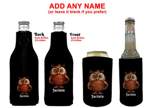 Personalised Owl Stubby Holder Slim Line, Standard Size or Zip Up Style