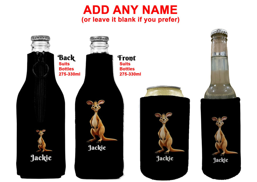 Personalised Kangaroo Stubby Holder Slim Line, Standard Size or Zip Up Style