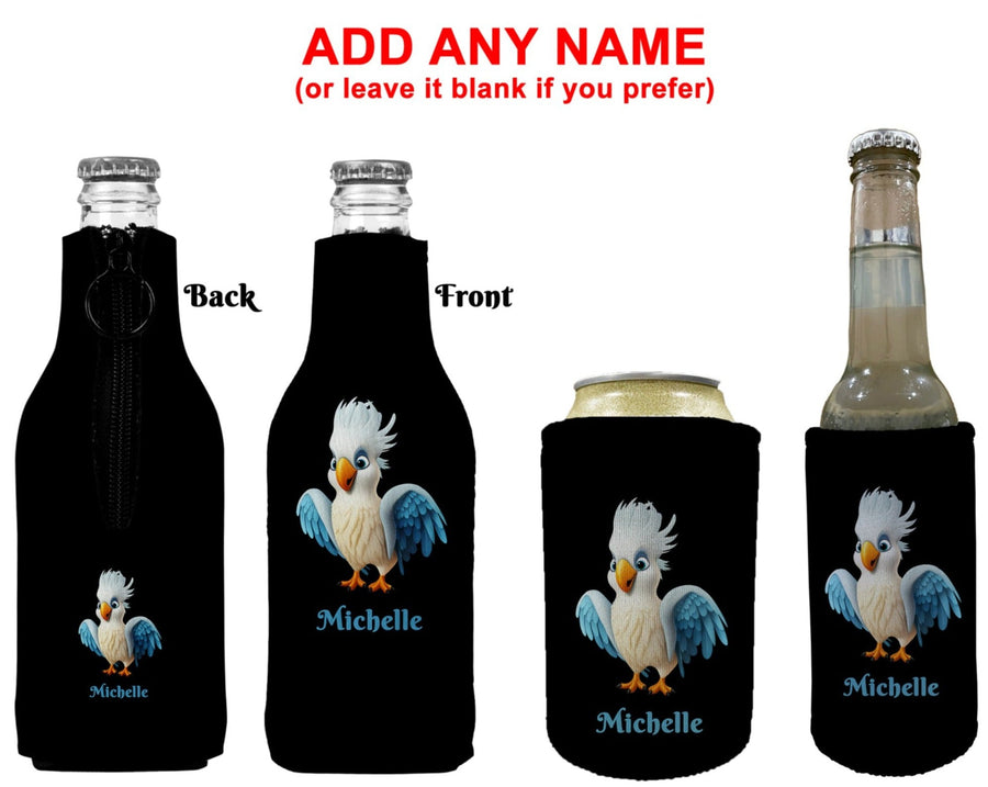 Personalised Cockatoo Stubby Holder Slim Line, Standard Size or Zip Up Style