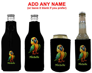 Personalised Parrot Stubby Holder Slim Line, Standard Size or Zip Up Style