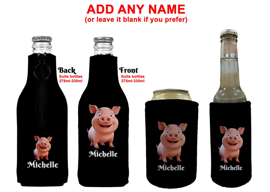 Personalised Pig Stubby Holder Slim Line, Standard Size or Zip Up Style